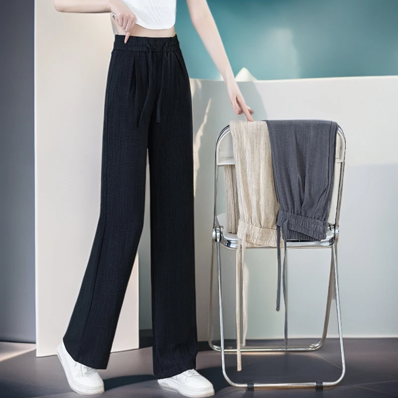 2025年夏季薄款直筒高腰显瘦冰丝阔腿裤女新款抽绳松紧百搭休闲裤