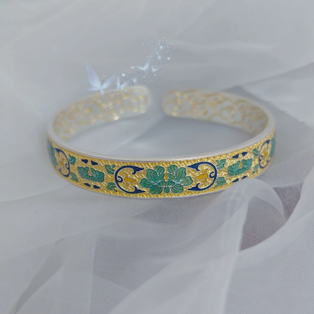 足银手镯 致爱一生足银999.9【蓝.牡丹花】珐琅手镯