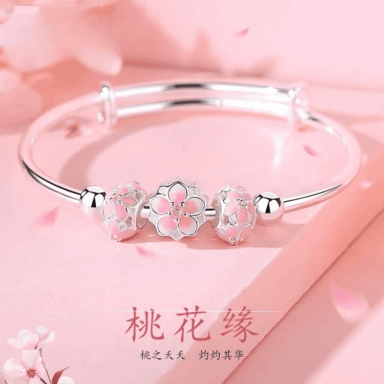 足银手镯 足银999纯银桃花缘实心手镯女浪漫百搭情人节送女朋友
