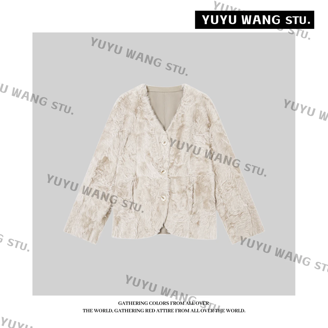 YUYU WANG【冰川】软宝石~小湖羊皮毛冬季高级感短款皮草外套上衣