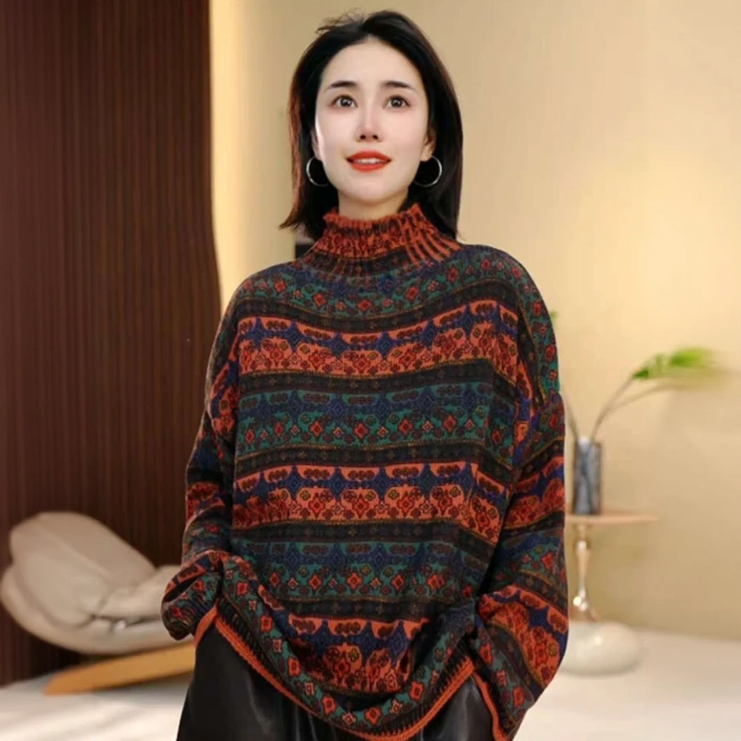 设计感休闲复古撞色毛衣女2025秋冬新款宽松遮肉长袖显瘦针织上衣