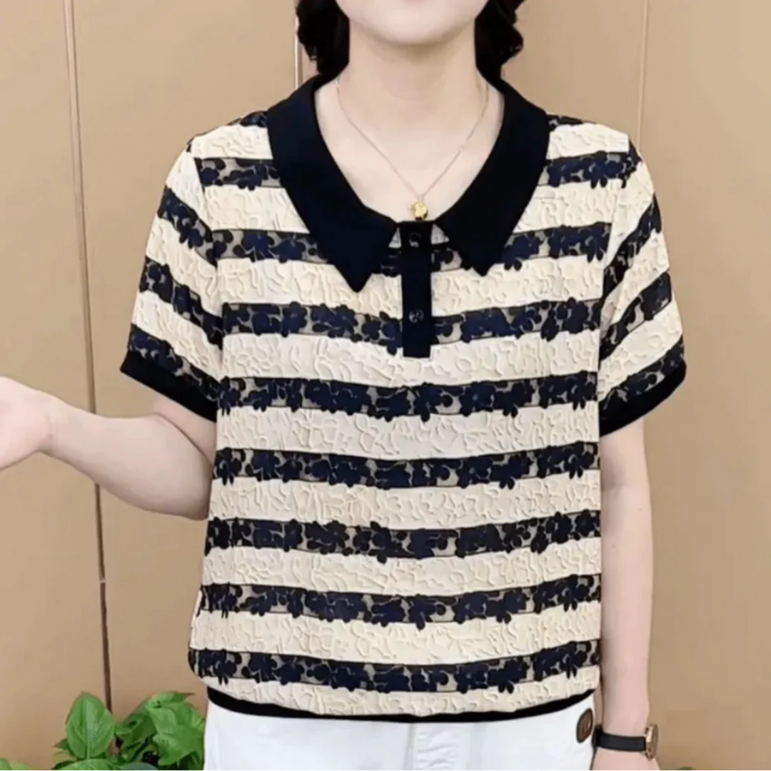 夏装女士百搭气质娃娃领短袖t恤女洋气休闲宽松小衫