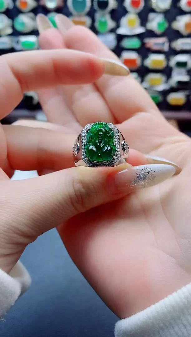 银S925镶嵌戒指翡翠Y**o天然翡翠A货男戒
