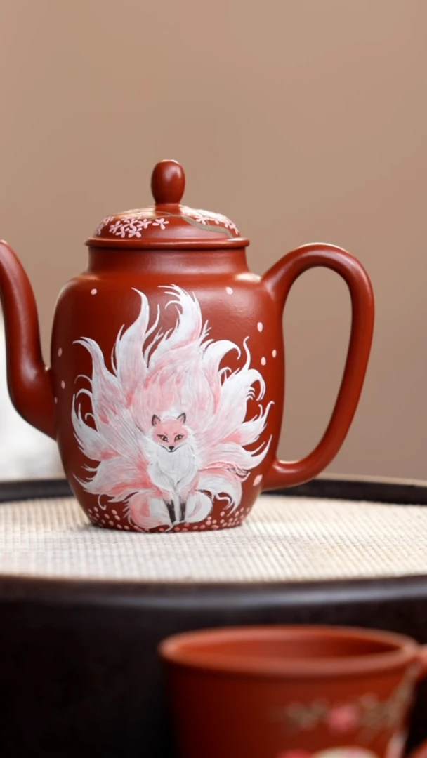 茶壶紫砂岑**?朱泥宫灯泥绘凤九