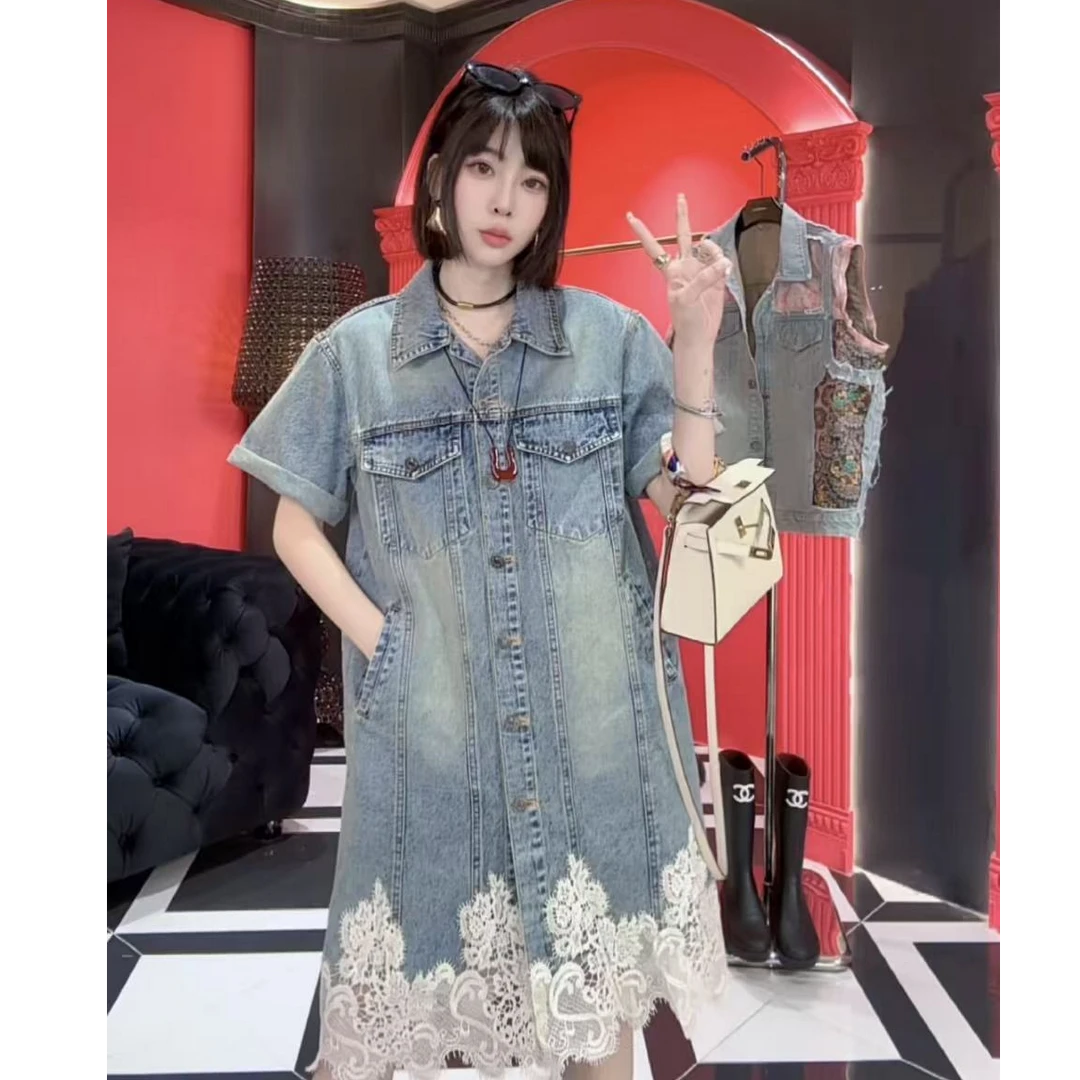 MMD欧货春夏季设计师款拼蕾丝刺绣复古短袖牛仔连衣裙8758