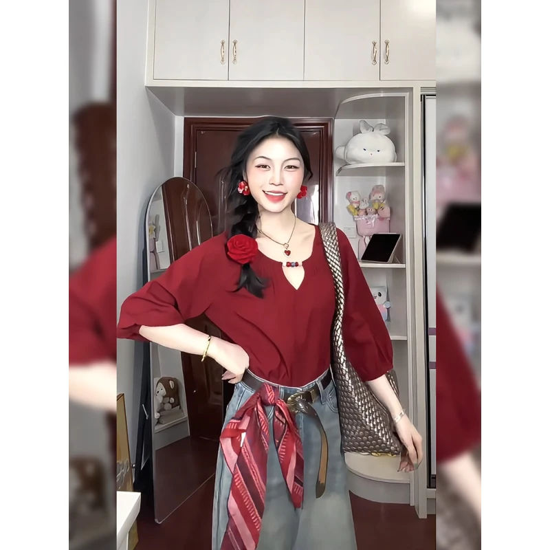 法式红色半袖衬衫2025年秋季新款小衫轻奢高级感洋气上衣衬衣女装