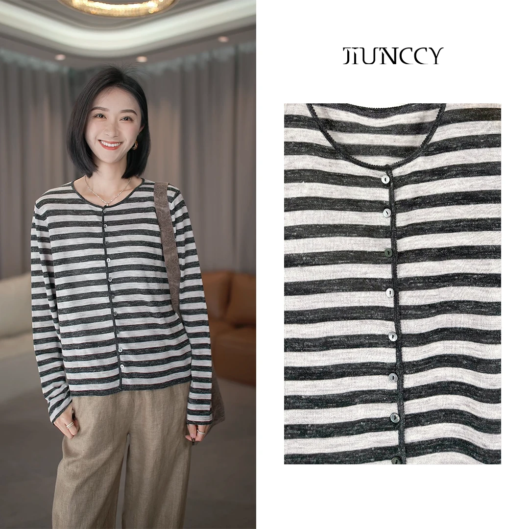 JIUNCCY【条缕】幻彩亚麻混纺花纱条纹花边针织毛衣开衫 52YZZ015