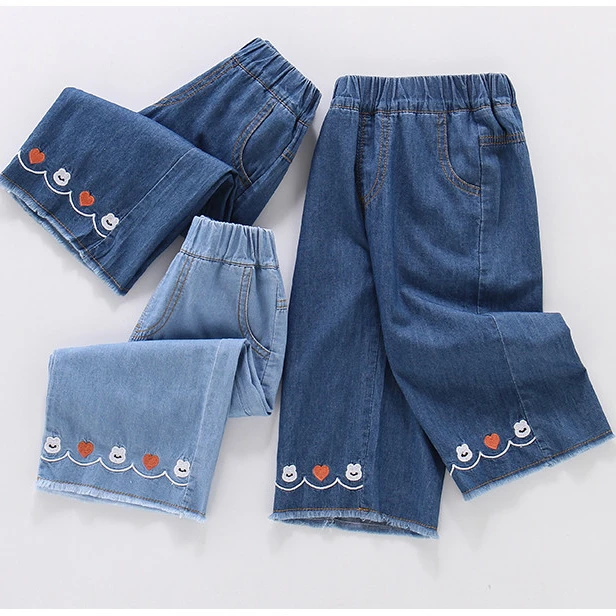 女童冰丝牛仔裤阔腿裤韩版夏季薄款九分裤清凉透气刺绣全棉软牛仔