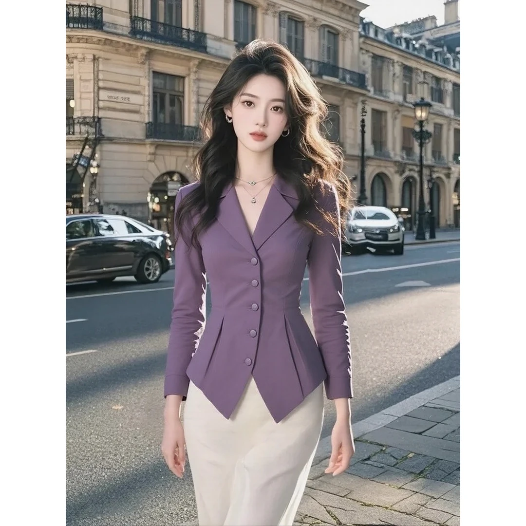 洋气紫色长袖衬衫气质2025新款女装爆款高级感不规则法式收腰上衣