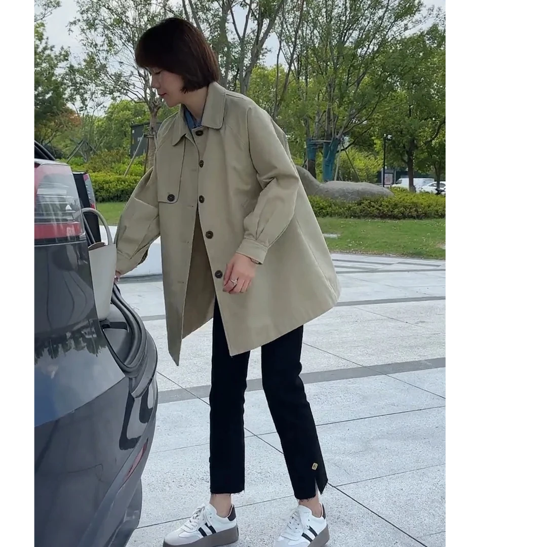 2025年学院风中长款方领秋季韩版春装宽松英伦风翻领百搭风衣