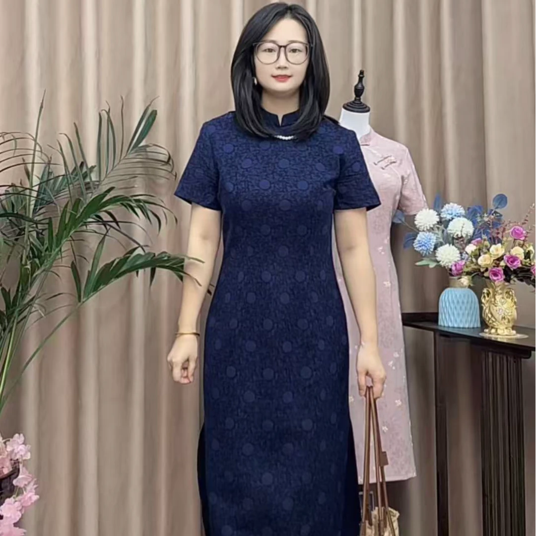【明月】藏青色国风修身显瘦改良旗袍蓝色气质复古新中式-裙长1.2米
