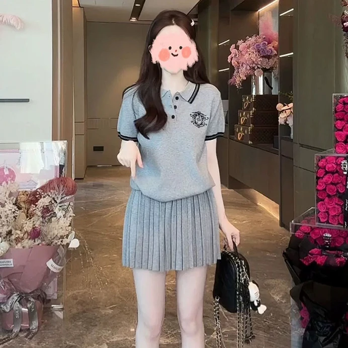 韩系穿搭运动服套装女夏季学院风宽松POLO短袖时尚百褶短裙两件套