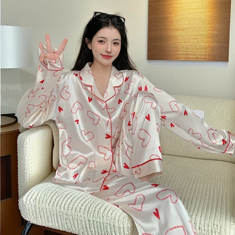 甜美风睡衣翻领休闲女春夏季长袖开衫套装宽松舒适可外穿家居服