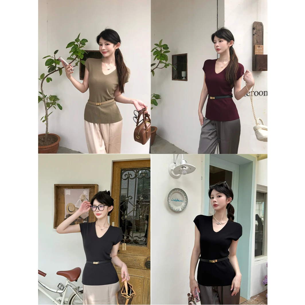 2025夏季新款气质老钱风高品质冰丝纯欲风V领针织上衣（配腰带）