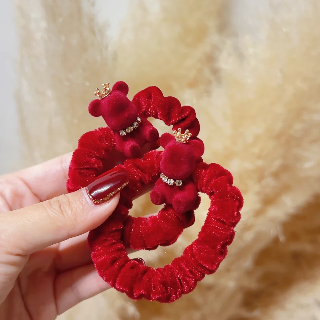 2个装～新年红色皇冠小熊头绳发圈过年喜庆头饰发饰女A704