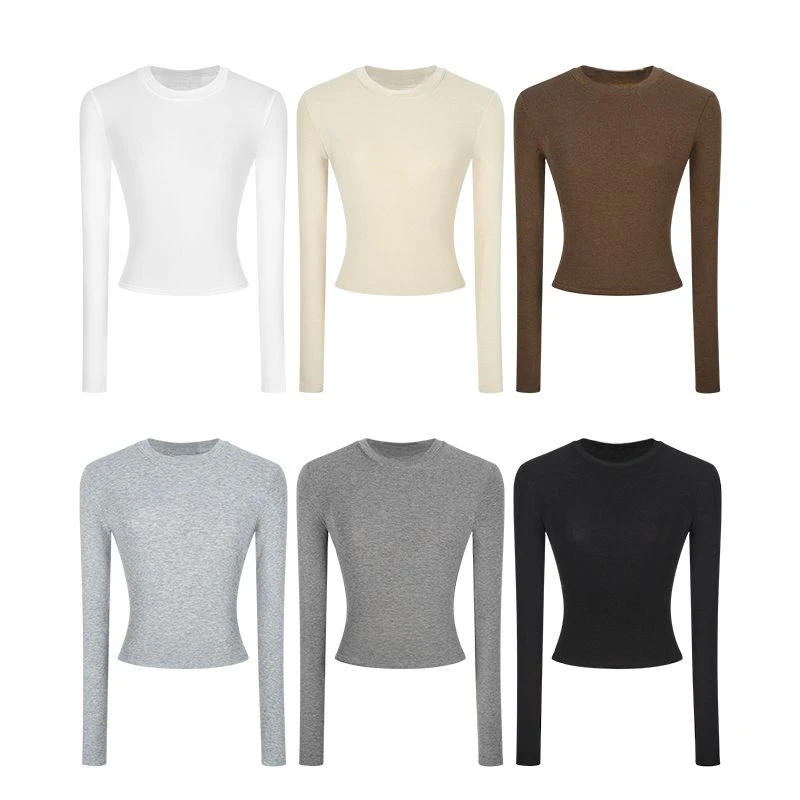 辣妹正肩收腰纯色长袖T恤女早秋圆领套头修身显瘦百搭打底衫上衣