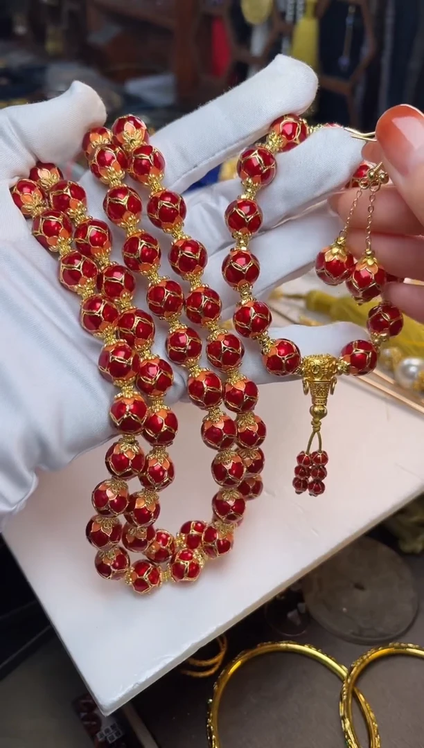 【闪购商品】玫红色莲花珐琅耳钩+手串+项链