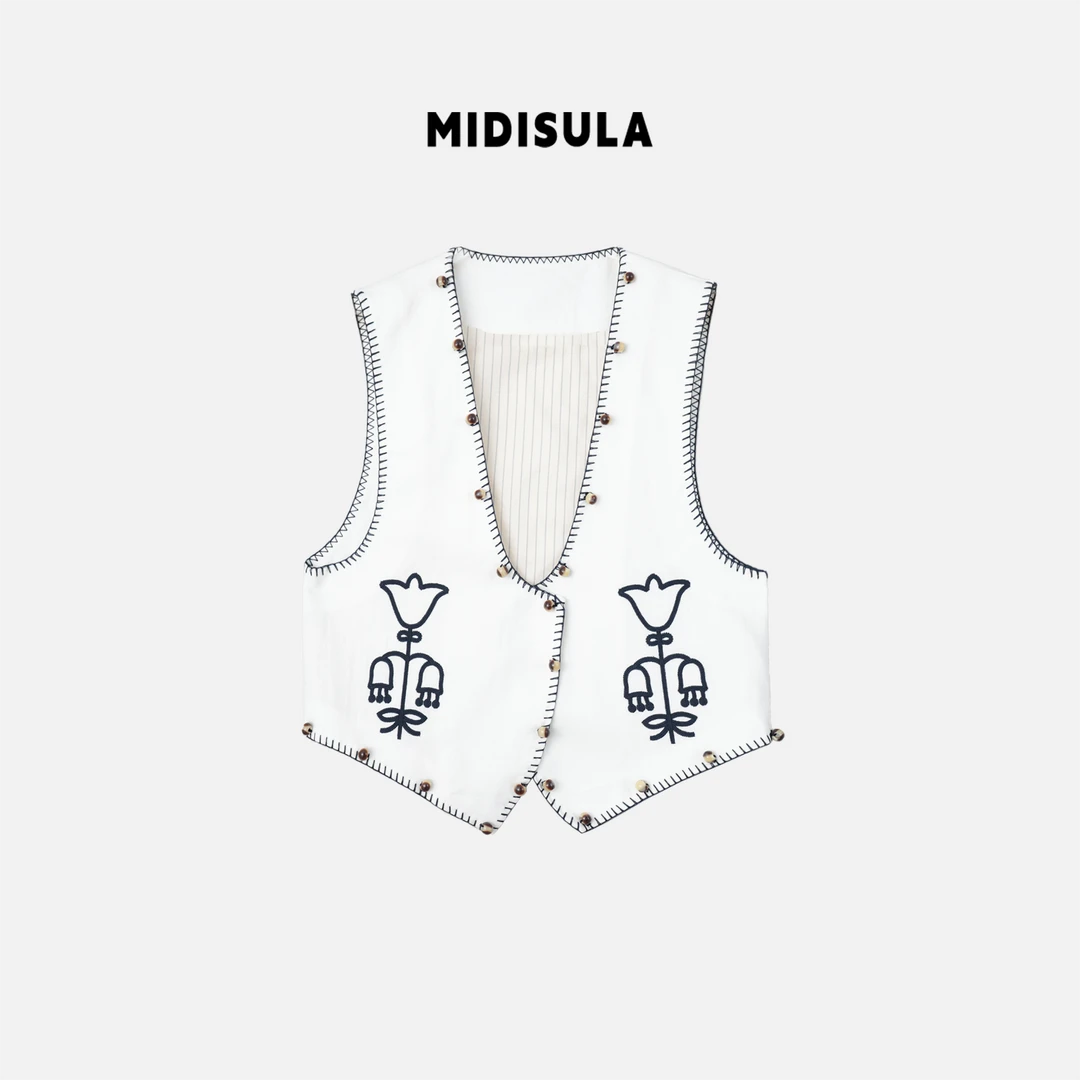 MDSL·夏季新款时尚设计感V领宽松显瘦百搭刺绣马夹#0952