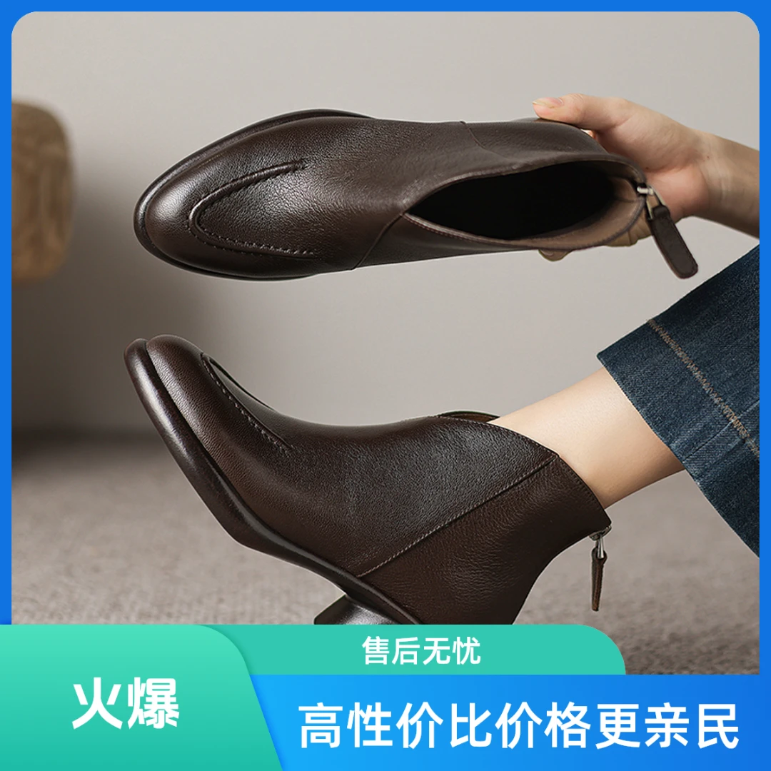 5.5cm手工鞋贵妇鞋冬粗跟英伦风短靴尖头女短靴时尚复古