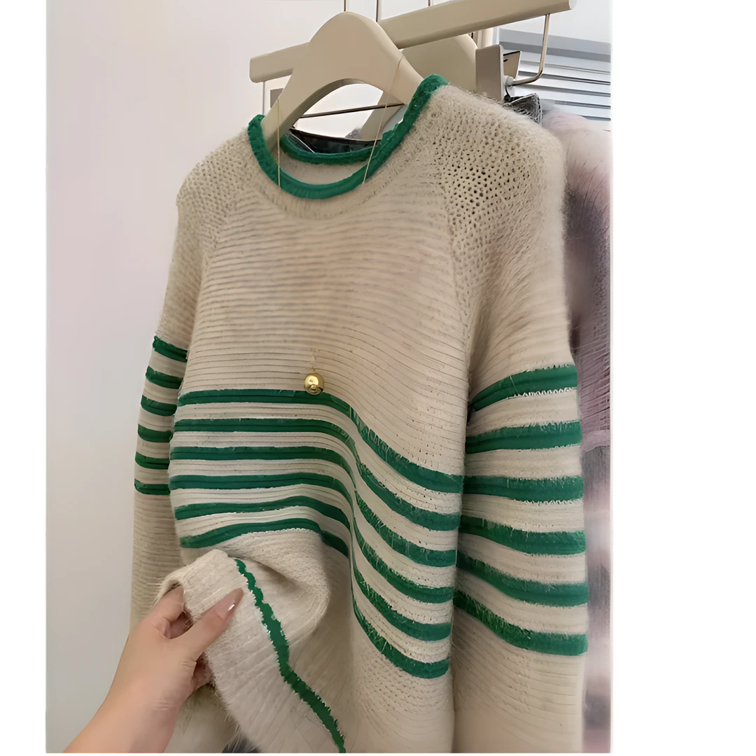 福利-拍对应编码-秋冬慵懒高级感绿色条纹圆领松弛感软糯外穿毛衣