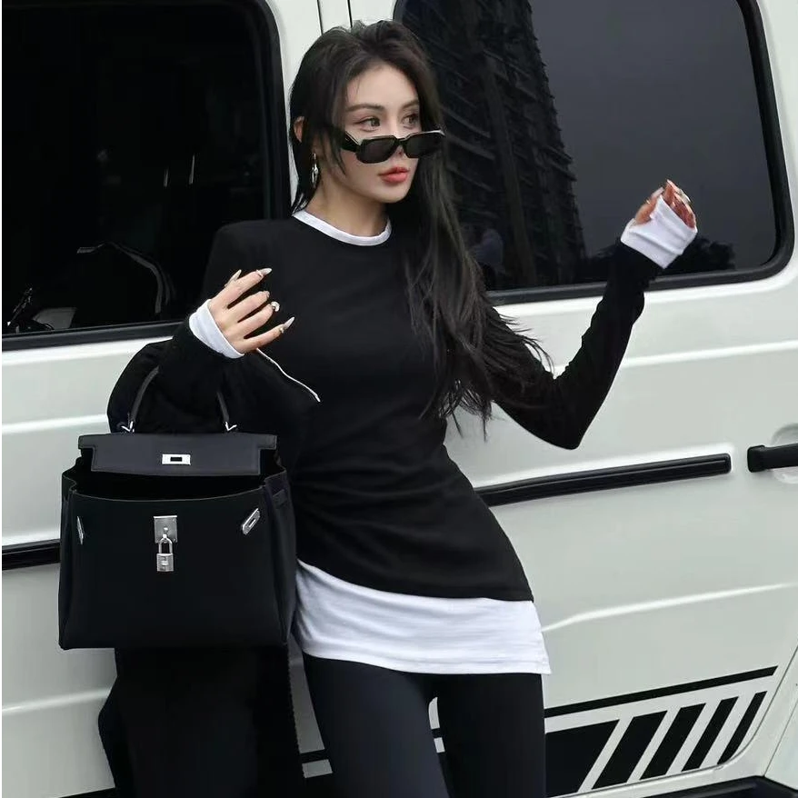 中长款上衣女遮屁股洋气假两件t恤秋冬季2026新款修身显瘦打底衫