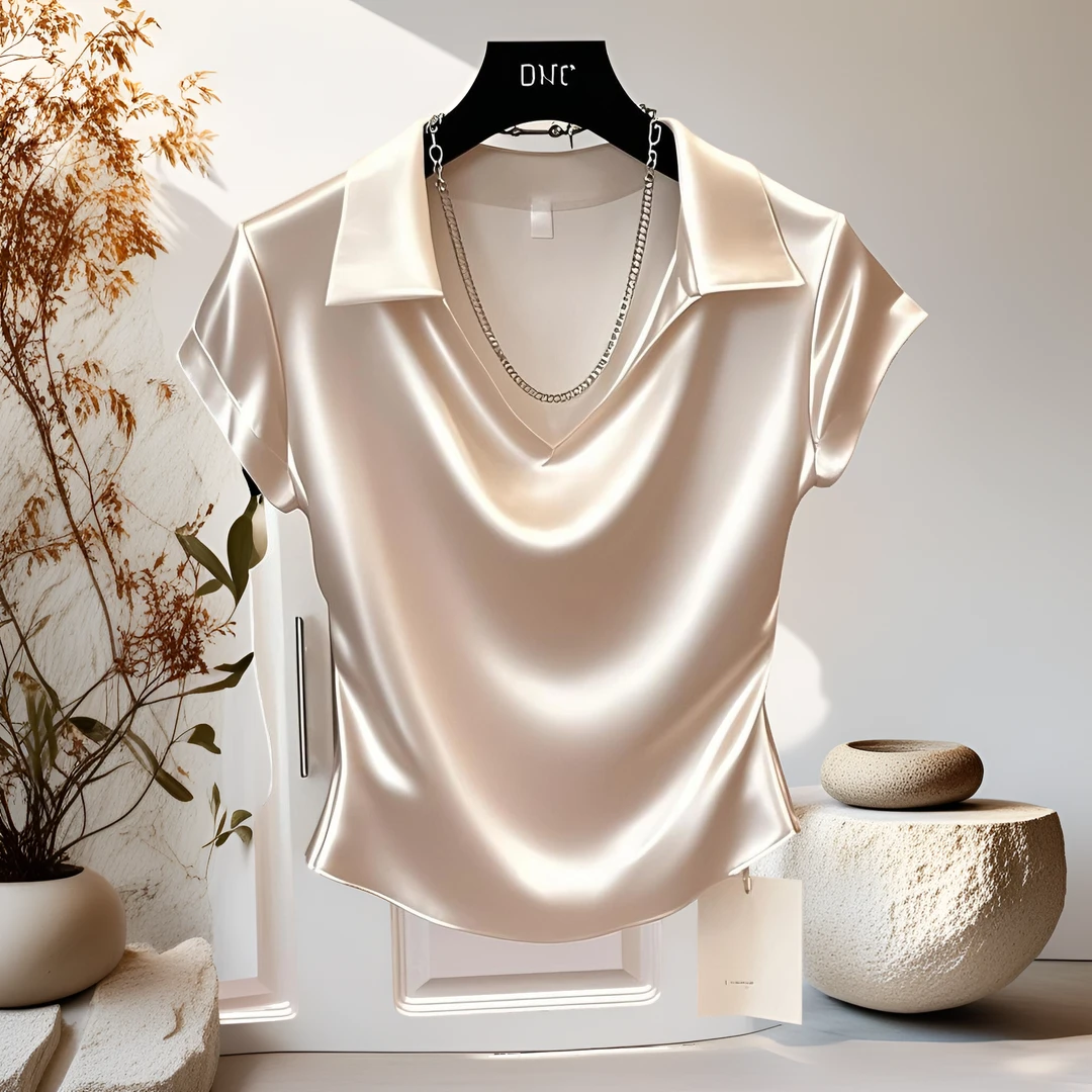 韩风翻领短袖T恤女夏新款气质名媛感设计肩部缎面潮polo正肩上衣