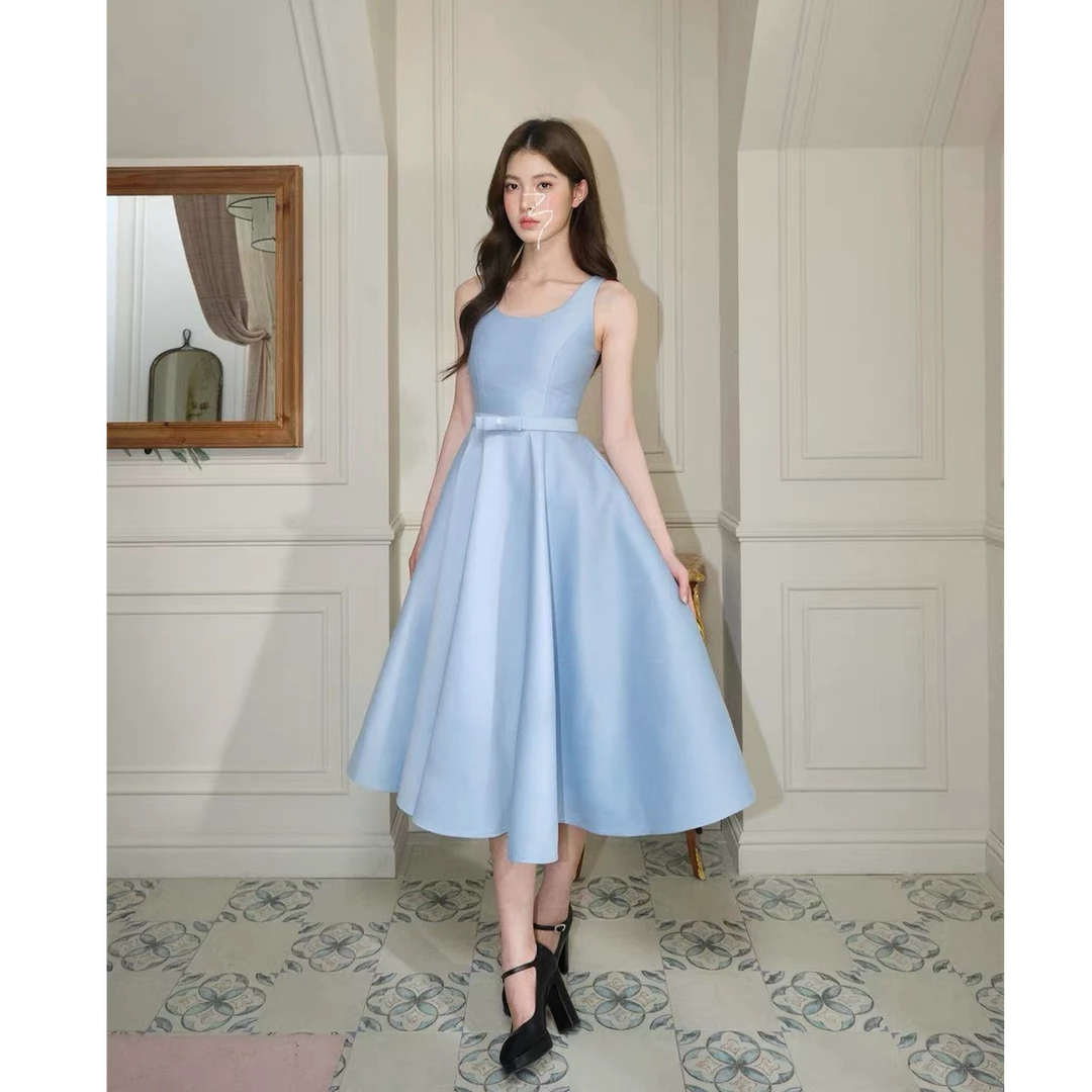 avenemen/蝴蝶结U领赫本长裙/法式收腰无袖连衣裙礼裙气质女