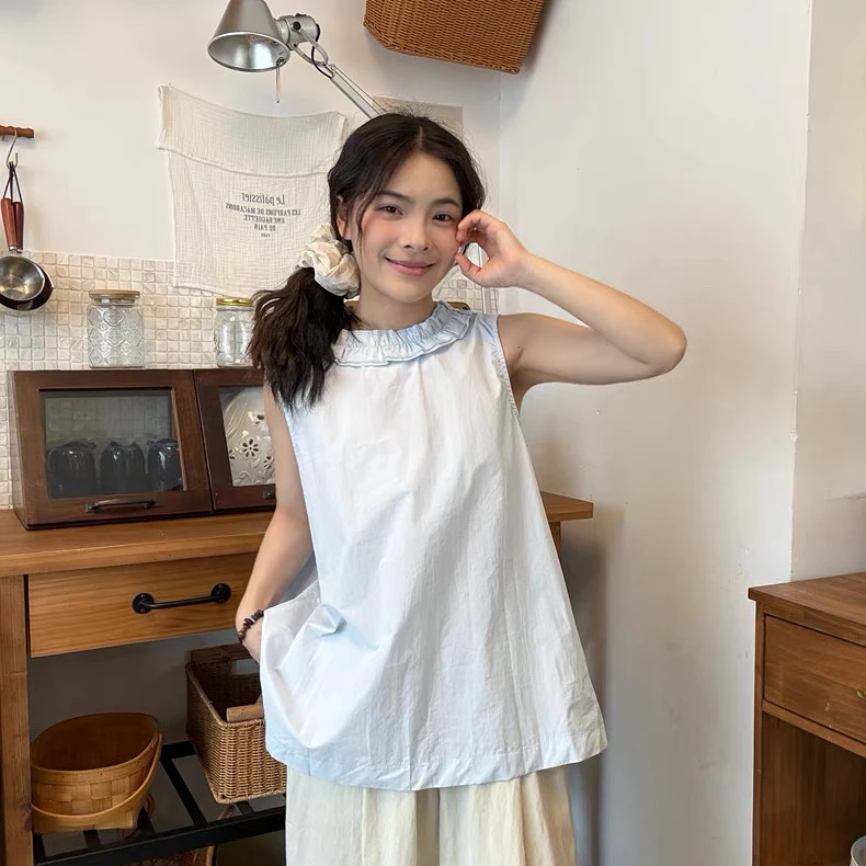 编号对应衣服 夏季宽松木耳边重工设计感两穿百搭无袖衬衫上衣潮