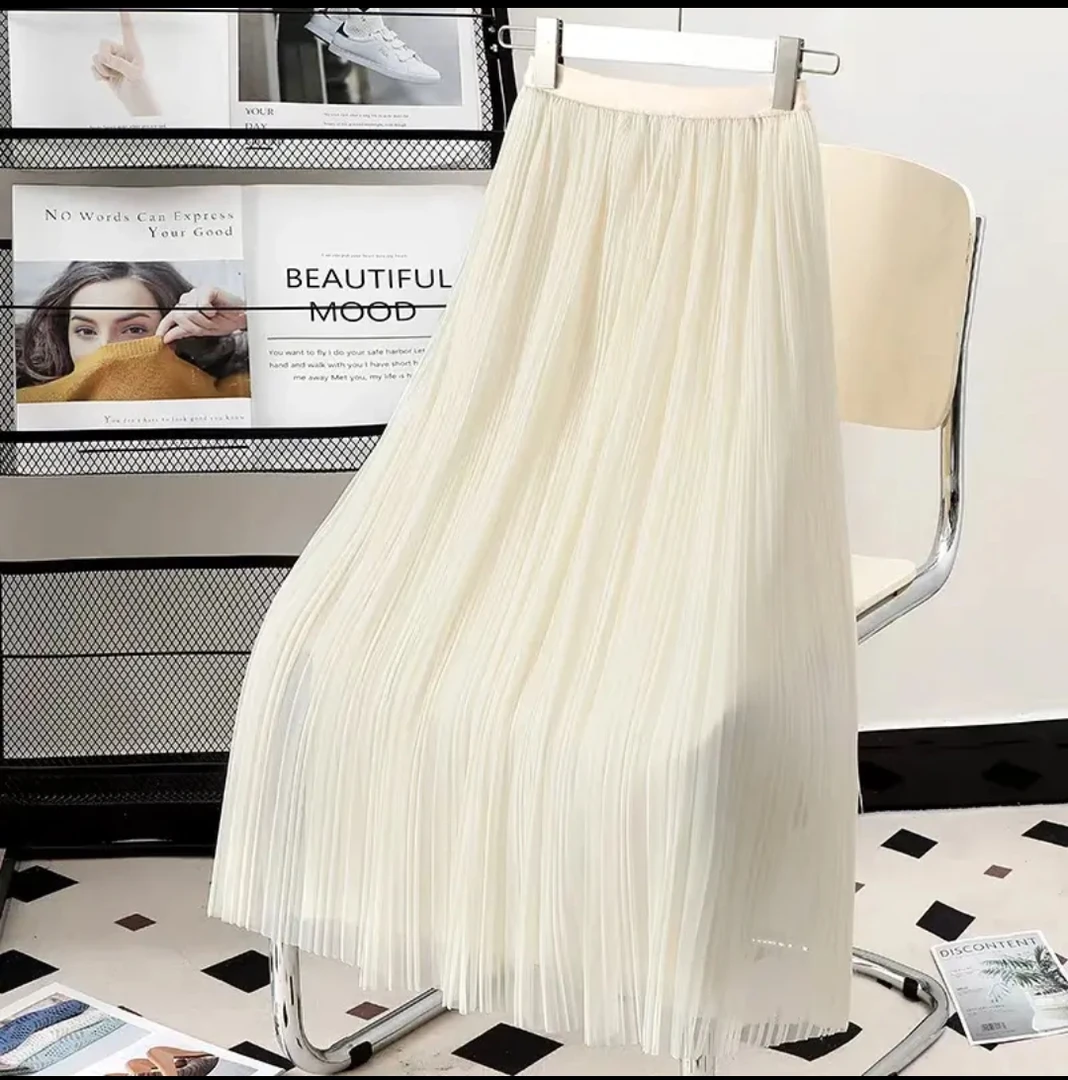 春秋新款两面穿中长裙高腰显瘦百搭垂感A字网纱裙时尚高级气质款