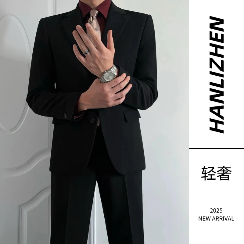 四季新款潮流简约高级感高定设计感西装外套直筒西裤套装男婚礼
