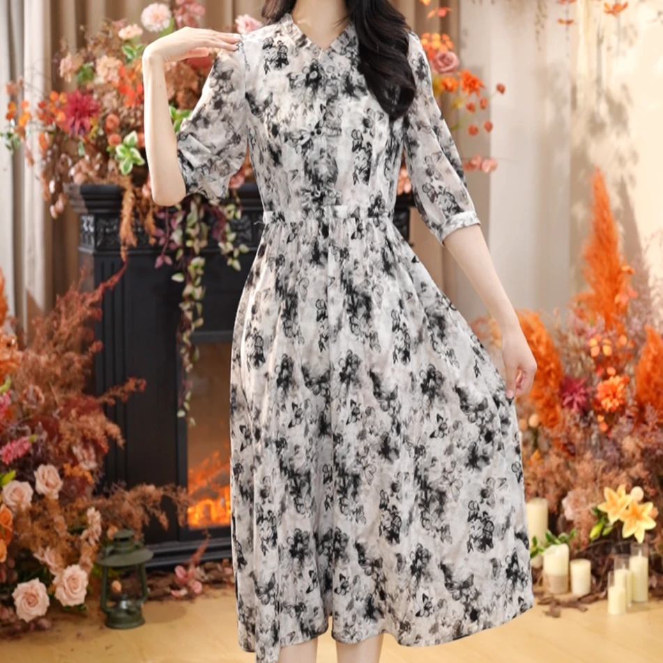 【LN】春季新款荷叶木耳花边显瘦遮肚子收腰气质女连衣裙RX4Q313