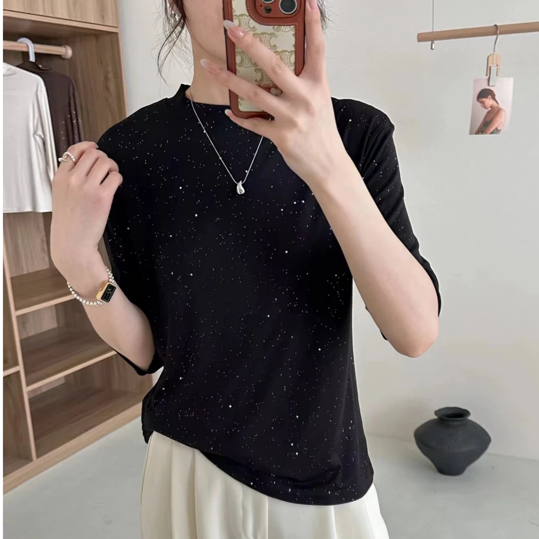 春夏款满天星中袖闪闪T恤宽松打底衫圆领显瘦百搭时尚中袖洋气