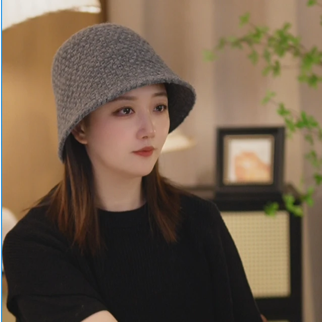 针织保暖宽檐渔夫帽女生秋冬气质台灯帽圆顶盆帽时髦显脸小水桶帽