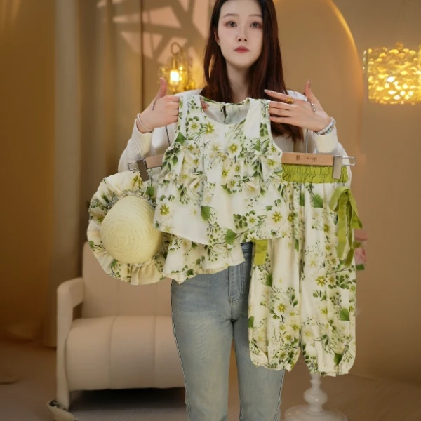 BoboBeer绿野仙踪夏季碎花女童印花舒适百搭青色短款蝴蝶结套装