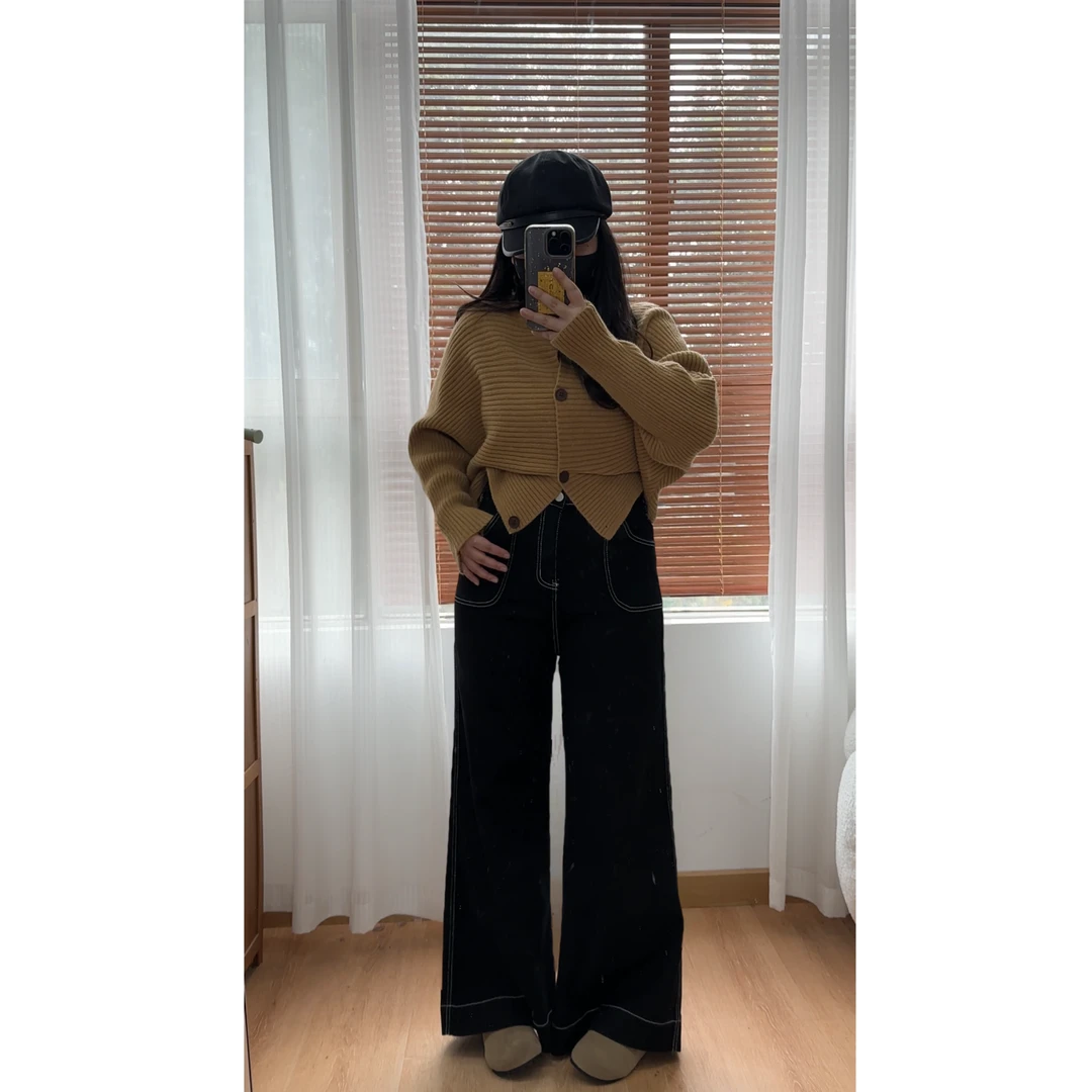 小个子黑色高腰棉弹牛仔裤女2025新款三本针宽松显瘦阔腿拖地裤