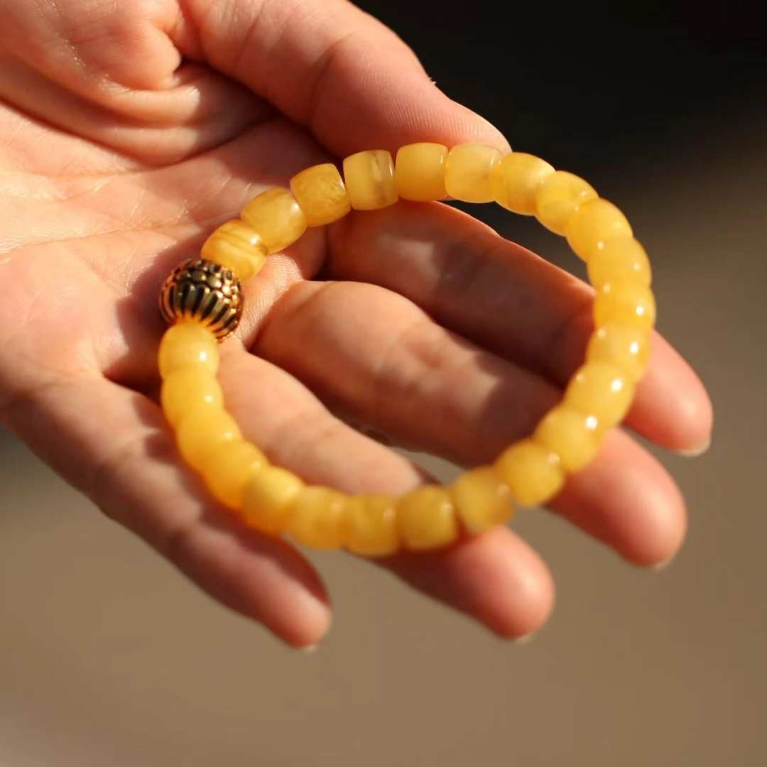 庭硕  天然蜜蜡鸡油黄单圈精工直切9mm配格桑花珠