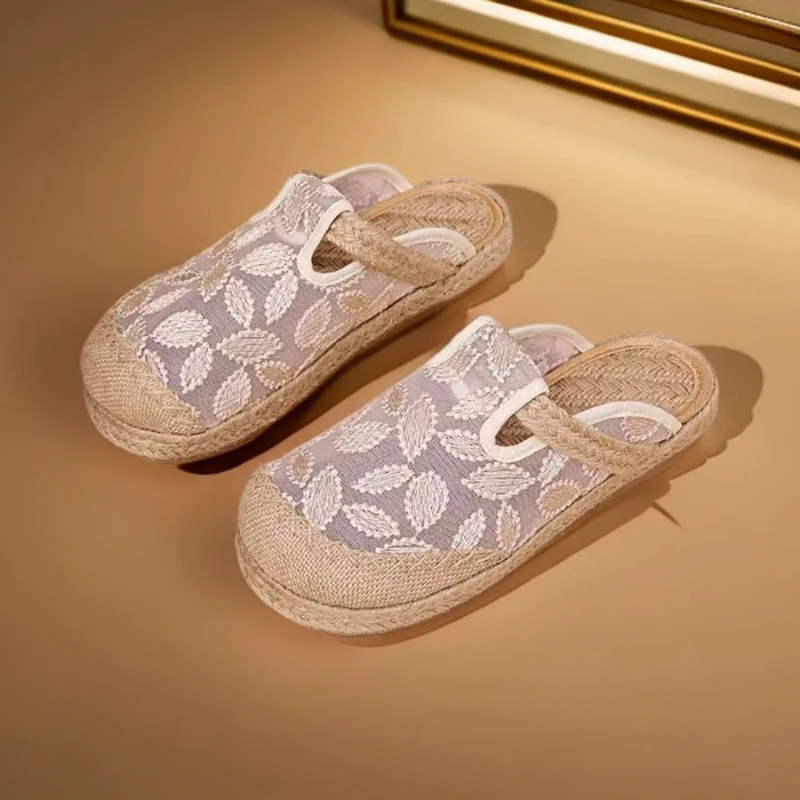 Z729 网拖鞋女鞋2025新款亚麻编织一叶子拖鞋36-39尺码