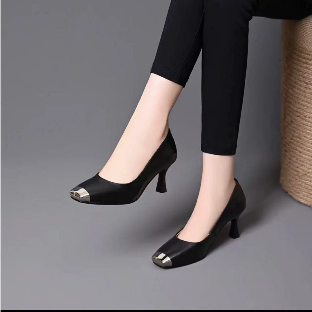 （2025）春季新款高跟鞋细跟方头金属浅口配裙子法式气质小香风单鞋