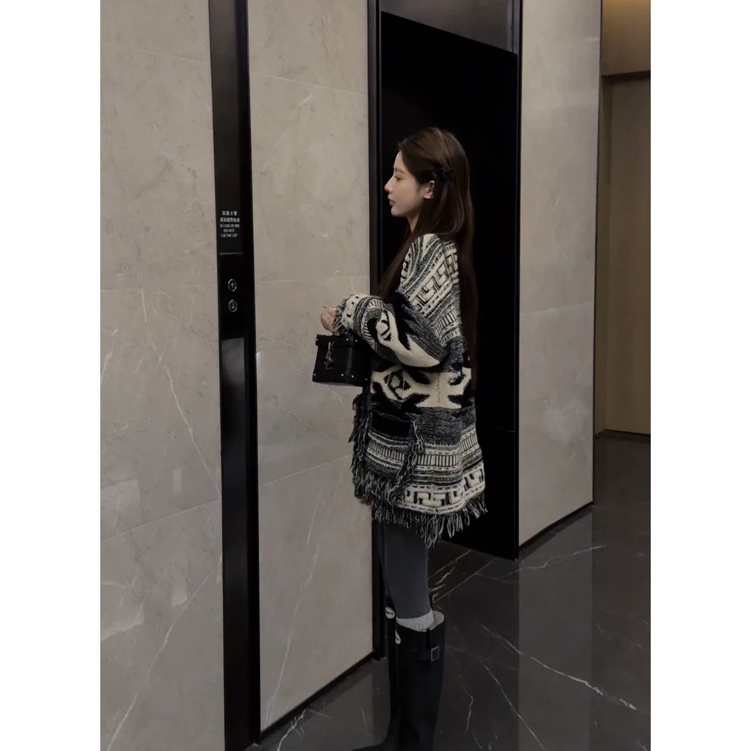 【大米和小鹿】2024秋冬款慵懒风宽松流苏毛边v领设计针织开衫