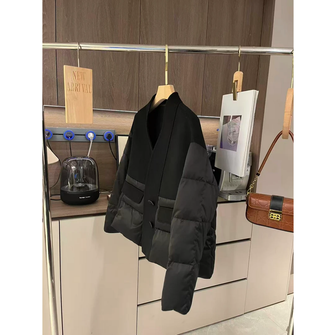 黑色西装V领经典款西装短款老钱风极简缝合设计师百搭大衣外套领