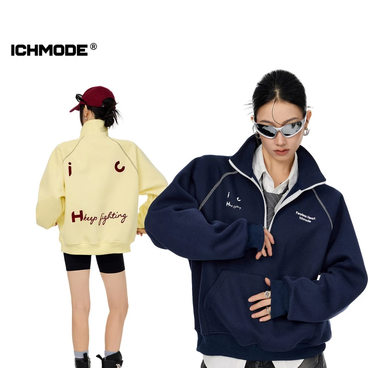 ICH MODE美式复古立领卫衣女宽松上衣潮