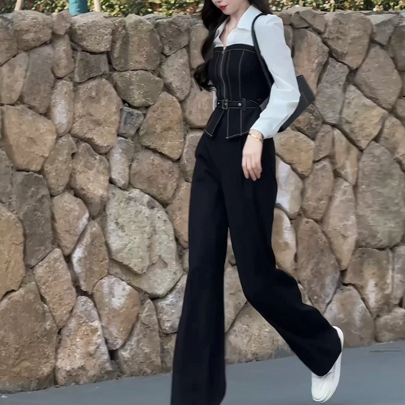 拉夏贝尔25年秋季显瘦高腰通勤时尚拼接仿牛仔衬衫+裤子 10341 WW