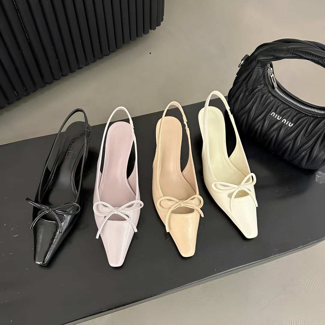 梦梦家/GUO Y33 奶油法式尖头蝴蝶结精致后空凉鞋女低跟包头单鞋