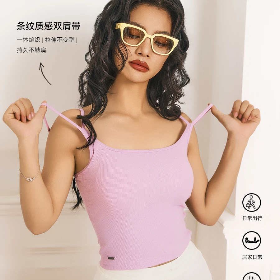 之塑春夏新款双肩带高弹罗纹棉性感显瘦自带胸垫背心吊带上衣女