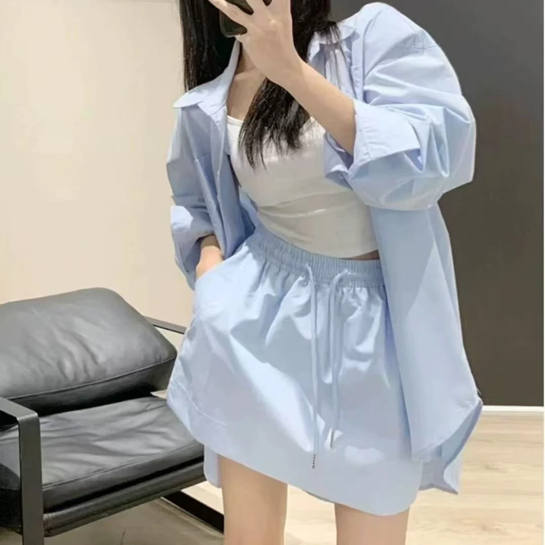 婷婷家春秋慵懒风宽松长袖纯色衬衫短裙两件套时尚气质懒人套装