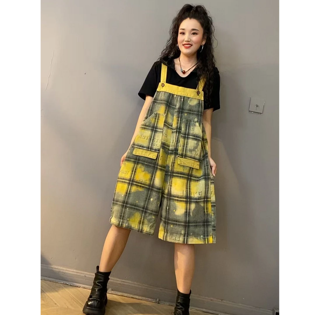 呱唧[炒色黄格]夏季新款复古做旧牛仔炒色黄格纹休闲五分背带裤