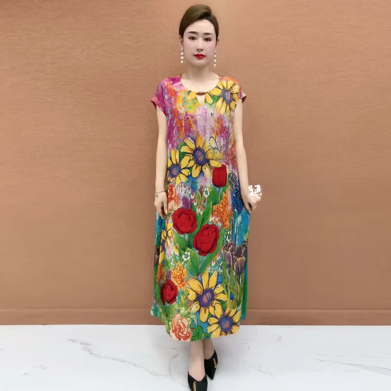 728夏季新款时尚双绉连衣裙气质洋气妈妈减龄宽松大码花色长裙子