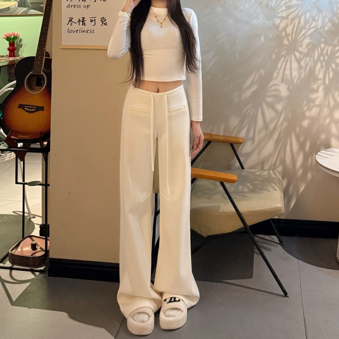 秋冬宽松加绒卫裤女百搭抽绳阔腿裤中腰简约纯色休闲运动长裤