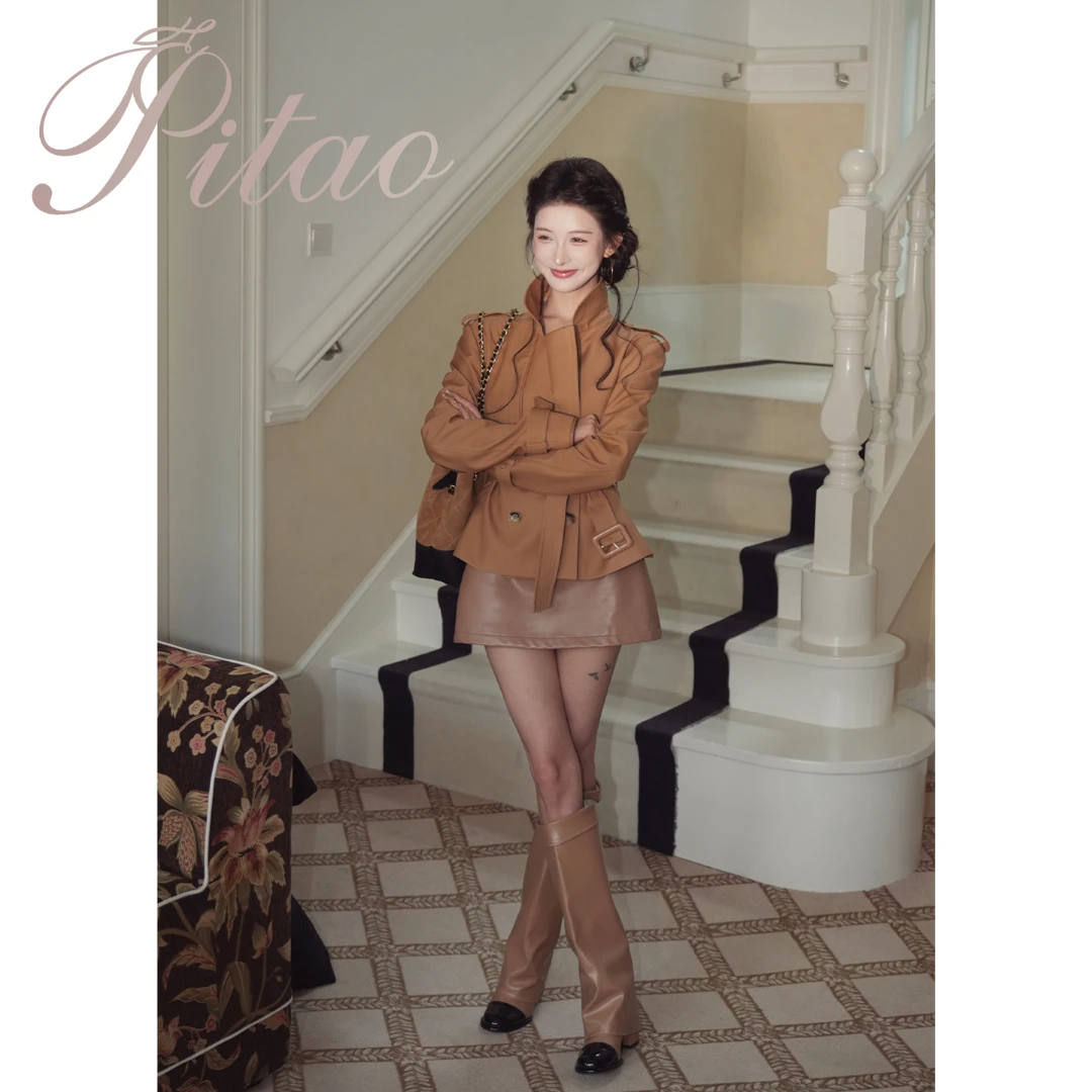杜屁屁桃PITAO原创【My girl】秋季新款女收腰轻奢设计师风衣裙裤