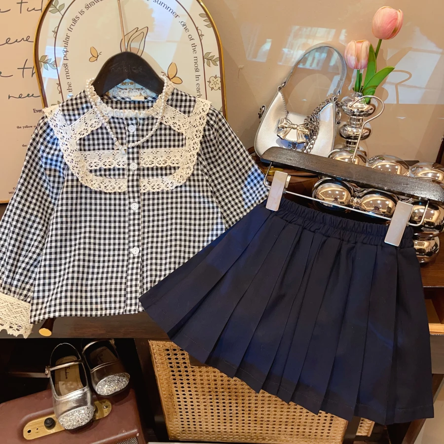 HHkids女童格子衬衫百褶短裙两件套2025儿童休闲春款套装CTZ002